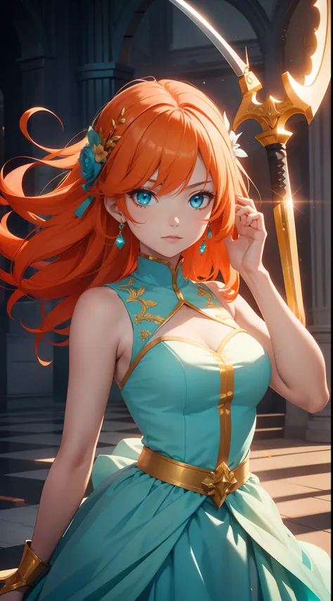 young girl, llong orange hair, Cyan eyes, white fencing dress, Sleeveless, open breasts, long skirt, sword, Gold Elements, gems, Masterpiece, hiquality