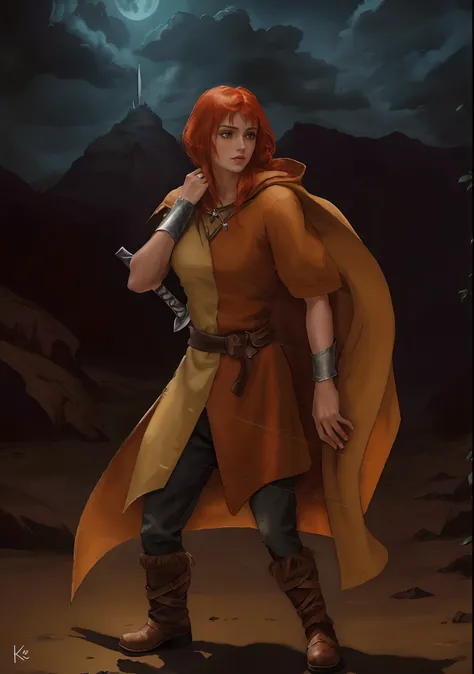 desenho animado de uma mulher em um casaco marrom e botas usando uma espada, cabelo castanho, kvothe do nome do vento, Inspirado em Kris de Deltarrune, RPG Retrato Corpo Inteiro, Retrato RPG de corpo inteiro, Personagem de RPG, Fantasia D&Personagem D, em ...