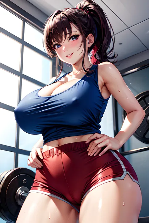 8k,Best Quality,masterpiece,Extremely detailed,(nsfw),1girl,japanese woman,(big breasts:1.3),cleavage,[[cameltoe]],voluptuous body,(Tank tops:1.3),(Hot Pants:1.3),ponytail,desdain smile,sweat on breasts,hands on waist,(from below),looking at viewer,((gym:1...