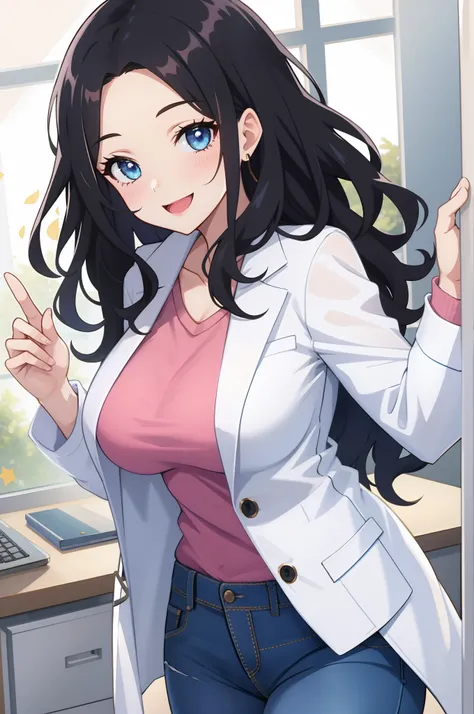 one girl, black hair, blue eyes, forehead, wavy hair, big breasts, shirt, jeans,white coat, happy smile, office, looking at viewer