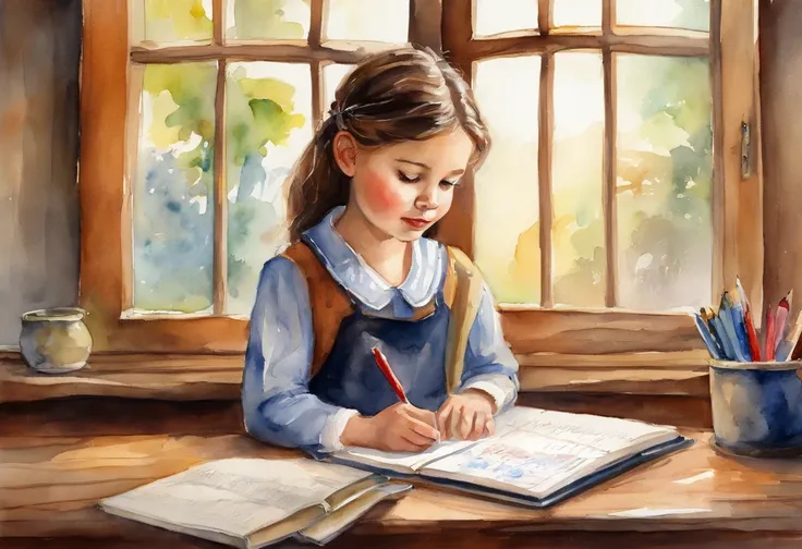 Girl writing in notebook by the window in classroom、soio、Girl in Uniform、６Year old girl、schools、Standing６Year old boy、