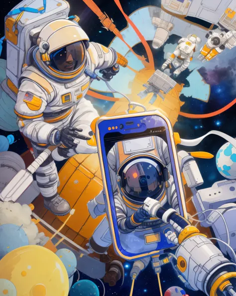 astronaut in outer space with space station child, mobile game art, space walk scene, spacewalk, space graphics art in backgroun...