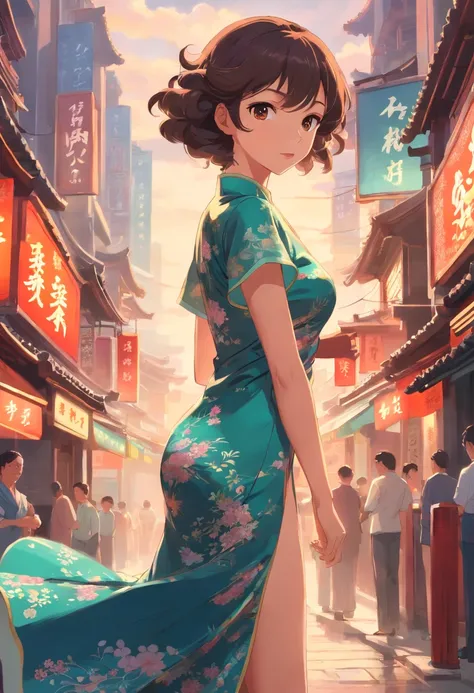 Poster style of old Shanghai，A naked woman in a cheongsam，Perm hair with big waves, nsfw