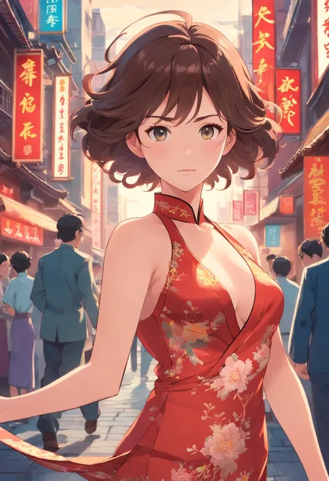 Poster style of old Shanghai，A naked woman in a cheongsam，Perm hair with big waves, nsfw