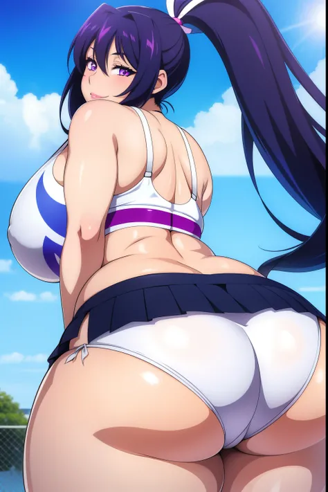 Akeno Himejima, 1girl, (((bimbo))), long blue gray hair, purple eyes, ear rings, (((bimbo))), puffy lips, painted lips, thick lips, smile face, wide hips, thick thighs, huge round ass, huge natural Hitomi Tanaka breasts, tennis outfit, white panties, short...