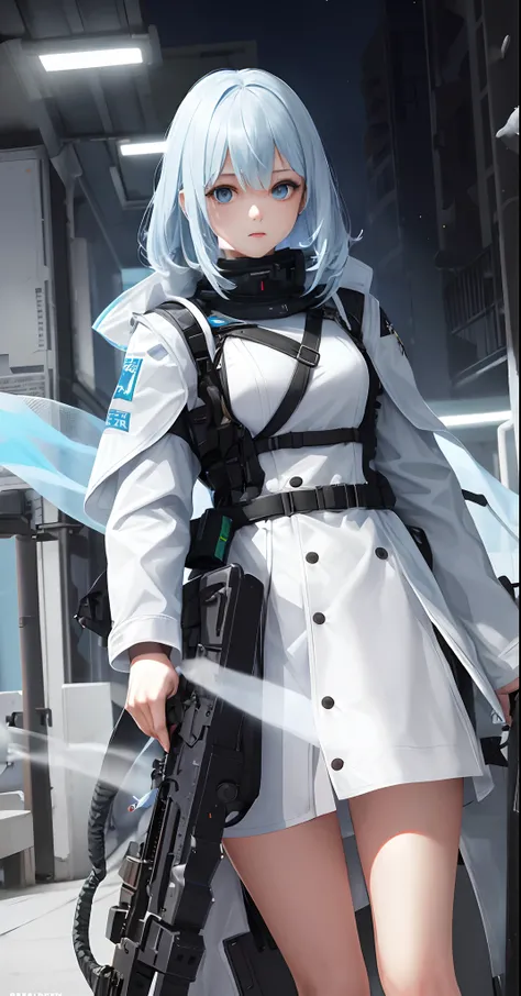 a perfect illustration of artifical intelliengence(。.AI) After 5143, 8K, Extremely detailed , flawless，hyperdetailed face，Silky hair，Very light blue gradient hair，Bitgirl，A device with an optical rifle in both hands，Background of the near future，During nig...