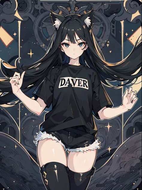 1girl, Long black hair, cat Ears, Black eyes, perfect face, wearing plain black shirt, denim shorts, Computer, absurdres, high res, ultra sharp, 8K, masterpiece, looking at viewer