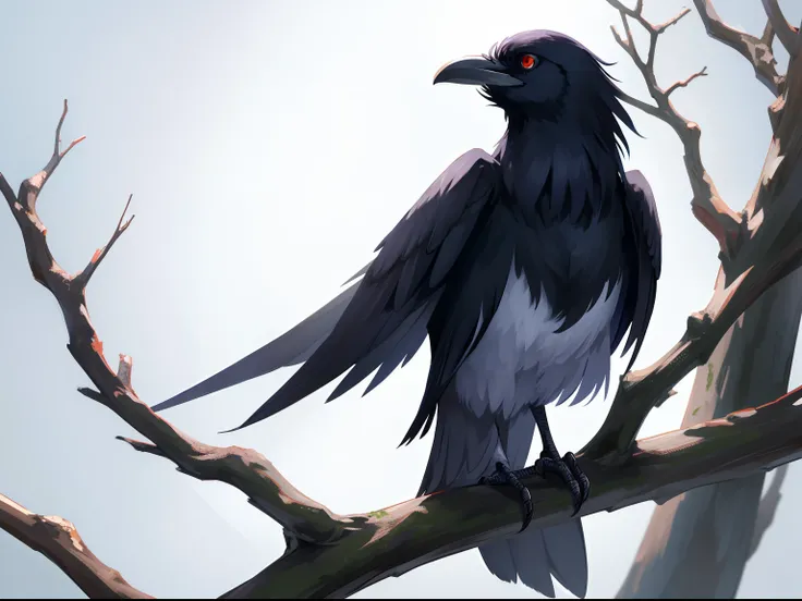 A raven perched on a horizontal tree branch,pure white background,high detail,hyper quality