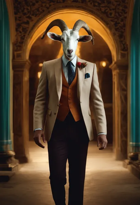 "A man with a goats head wearing a suit, standing "