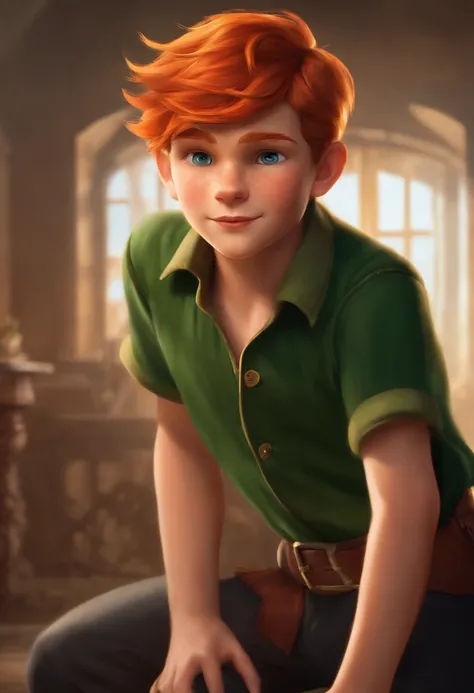 masterpiece, best quality, 1boy, peter pan, solo, closeup, short hair, orange hair, green collared shirt, short sleeves, hat feather, male focus, pointy ears,