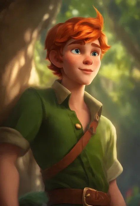 masterpiece, best quality, 1boy, peter pan, solo, closeup, short hair, orange hair, green collared shirt, short sleeves, hat feather, male focus, pointy ears,