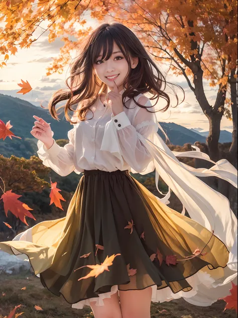 Hill of autumn leaves,Pretty girl,Evening glow,Long skirt with yellow and brown ruffles、A smile、Black Long Hair、Black eyes、White blouse,Skirt is wind、Watching the sunset,face lights、full body Esbian