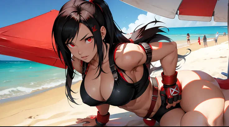 ((Tifa) + (red eyes) + bikini + (on the beach)) . (muscle: 2.0)