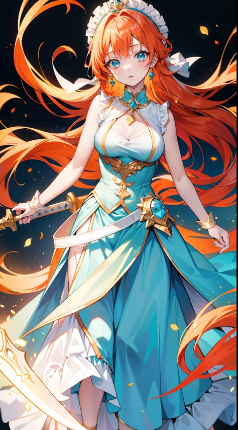 young girl, llong orange hair, Cyan eyes, white fencing dress, Sleeveless, open breasts, long skirt, sword, Gold Elements, gems, Masterpiece, hiquality