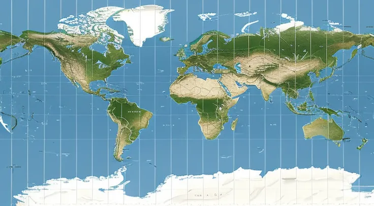 Alaf world map with land and water grid, Mercator projection, equirectangular, World map, Accurate geography, Barometric pressure projection, very accurate photo, Scale image, based on geographical map, continent, with earth in the background, Immerse your...