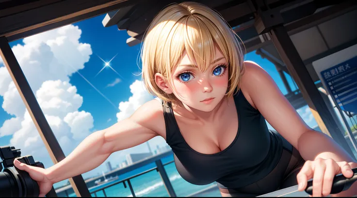 solo, 1 adult woman, short blonde hair, sparkling blue eyes, realistic, sport tanktop, black legging, 8k resolution, ultra-detailed, masterpiece, highest quality, pov, blush