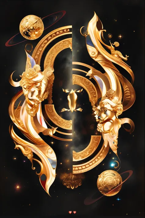 The zodiac sign with a red bird sits on a golden swirl, beautiful gemini good and evil, Beautiful Gemini twins, symmetrical tarot illustration, baroque marble and gold in space, beautiful gemini twins portrait, ornate galactic gold, complex tarot card back...