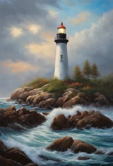 oil painting of a lighthouse on the coast of main