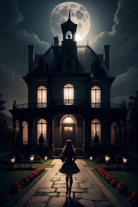 gloomy mansion full moon night with rose garden