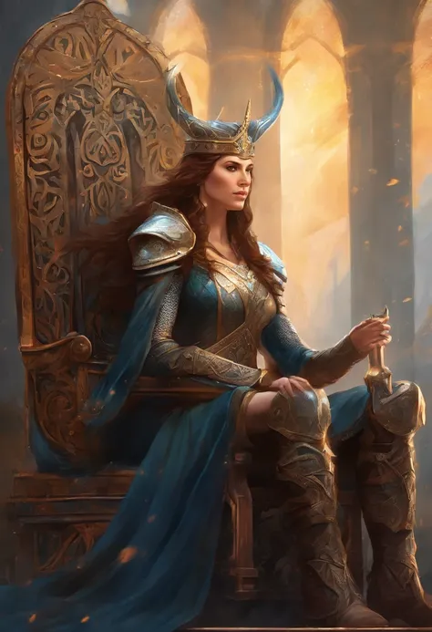 Beautiful Viking queen with brown hair and pale hazel eyes and small crown, wearing full covering metal and black leather armor, 35 years old, sitting on an ornate Viking throne, looking at viewer