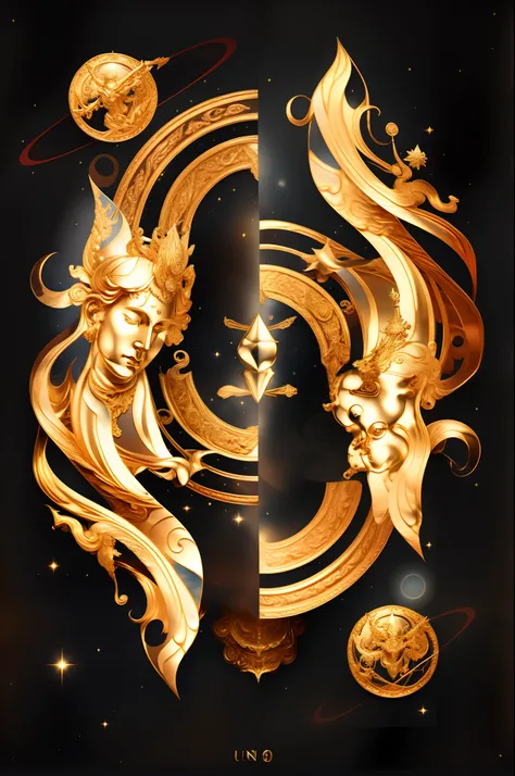 Constellations with red birds sit on golden swirls, beautiful gemini good and evil, Beautiful Gemini twins, symmetrical tarot illustration, baroque marble and gold in space, beautiful gemini twins portrait, ornate galactic gold, complex tarot card backgrou...