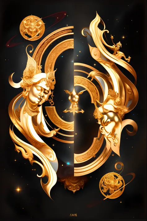 Constellations with red birds sit on golden swirls, beautiful gemini good and evil, Beautiful Gemini twins, symmetrical tarot illustration, baroque marble and gold in space, beautiful gemini twins portrait, ornate galactic gold, complex tarot card backgrou...