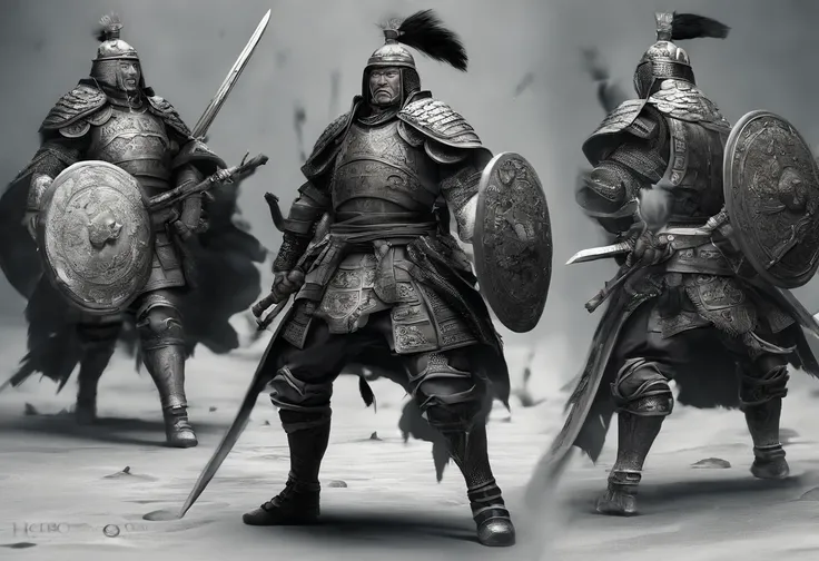 Chinese soldiers, shields, swords, battle-ready armor, disciplined formations, powerful warriors, intricate designs on shields and swords, determined soldiers, ancient battlefield, fierce fighting scenes, heroic acts, historical battle reenactment, masterf...