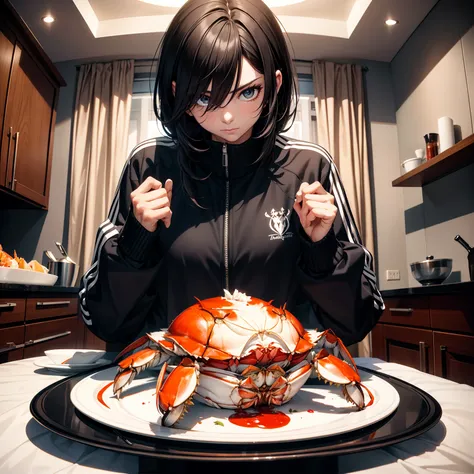 Best quality，tmasterpiece，On the table was an oversized crab，Huge crabs make up two-thirds of a human body，Equal proportions，Beautiful emaciated woman，Dark tracksuit，Eating crabs，depth of fields，sofe，Modern apartment inside，Private family home