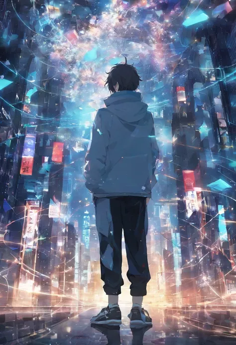 (17-year-old in soul body with blue and black ray particles emitting around him), 3D rendering, efeitos especiais do filme, Movie Lighting, Dilapidated city, limpar HD, 8K resolution, Very detailed, pintura digital, arte conceitual, Estilo Shinkai Makoto, ...