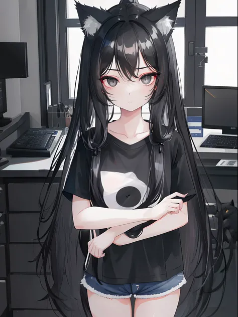 1girl, Long black hair, cat Ears, Black eyes, perfect face, wearing plain black shirt, denim shorts, Computer, absurdres, high res, ultra sharp, 8K, masterpiece, looking at viewer