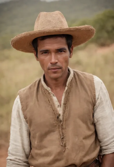 A man in typical clothes of the Brazilian Northeast, montado num burro, ao fundo o deserto do nordeste do Brasil