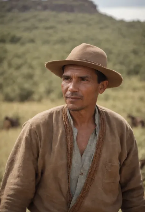 A man in typical clothes of the Brazilian Northeast, montado num burro, ao fundo o deserto do nordeste do Brasil