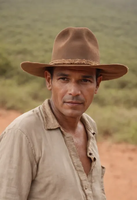 A man in typical clothes of the Brazilian Northeast, ((montado num burro)), ao fundo o deserto do nordeste do Brasil