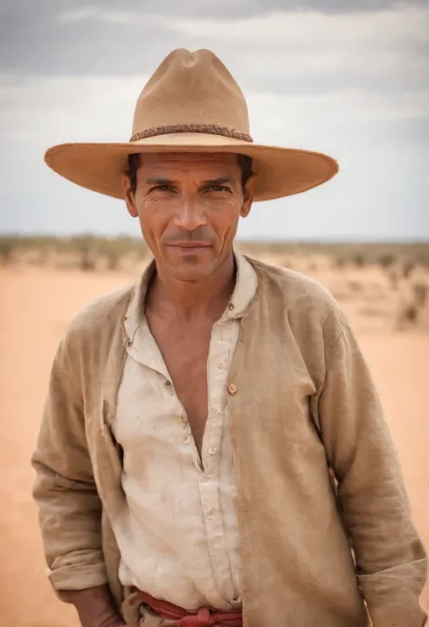 A man in typical clothes of the Brazilian Northeast, ((montado num burro)), ao fundo o deserto do nordeste do Brasil