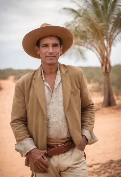 A man in typical clothes of the Brazilian Northeast, ((montado num burro)), ao fundo o deserto do nordeste do Brasil