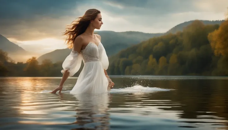 Girl swimming in the lake, 独奏, Dressed in a white dress, Elegant, artistic,  (Photorealsitic: 1.4), top-quality, ​masterpiece, ultra-detailliert, lighting like a movie