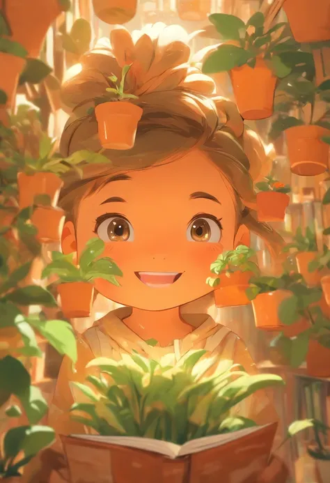 a book with little girl holding up a picture of a potted plant, in the style of detailed character illustrations, lilia alvarado, playful cartoonish illustrations, honeycore, close-up, digital illustration