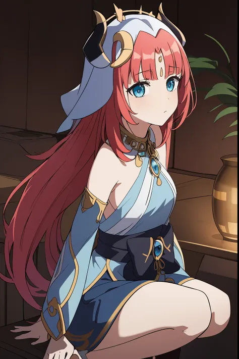 nilou (genshin impact), , tristeza, 1girl, capa, culo, cuernos, rubor, flequillo, guanteletes de novia, jewely, mangas separadas, muslos, ombligo, labios entreabiertos, ropa reveladora, solo, senos (obra maestra, mejor calidad, ultradetallada), (hermoso ro...