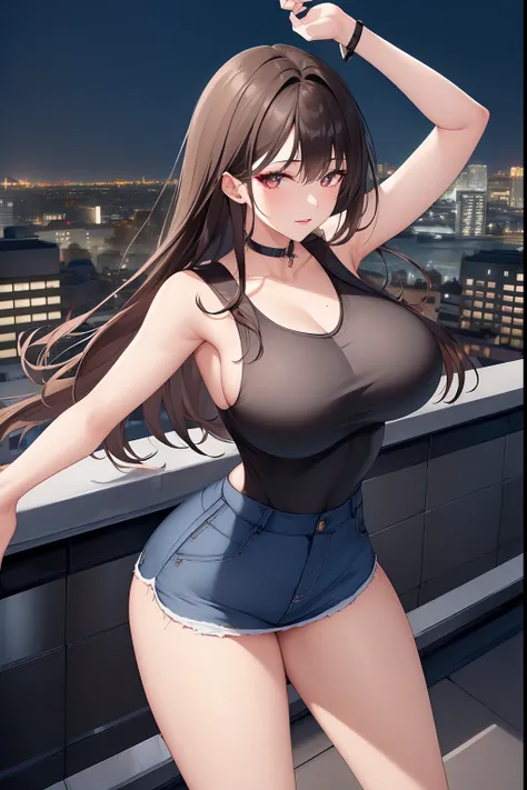 ((Midnight, Best quality, 8k, Masterpiece :1.3)), Whole body, Long legs, Sharp focus :1.2, A pretty woman with perfect figure :1.4, Slender abs :1.1, ((Dark brown hair, Big breasts :1.2)), (White tight tshirt, Jean bib, Standing:1.2), ((Night city view, Ro...