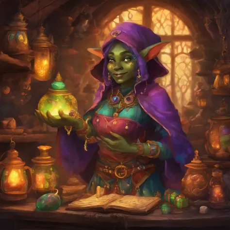 A cute female goblin merchant selling magical items in a bustling marketplace. She has a mischievous smile and sparkling eyes. Her green skin is adorned with colorful tattoos, and she wears a vibrant and intricately designed robe made of enchanted fabric. ...