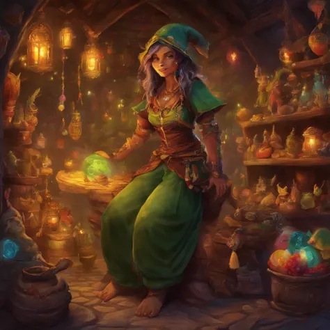 A cute female goblin merchant selling magical items in a bustling marketplace. She has a mischievous smile and sparkling eyes. Her green skin is adorned with colorful tattoos, and she wears a vibrant and intricately designed robe made of enchanted fabric. ...