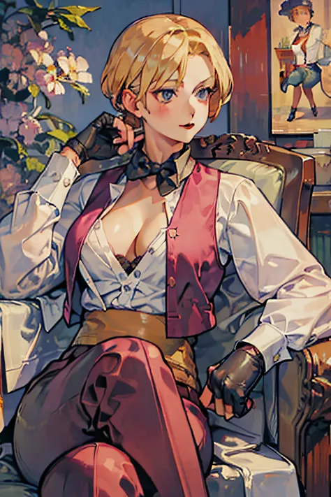 kingms, 1girl, solo, gloves, bow, fingerless gloves, pants , shirt, vest, suspenders,simple background,((post-impressionist)),relaxed stance,relaxed pose,(while sitting on a chair),((open shirt)),looking at breast,(cleavage),(open vest),steam coming from b...