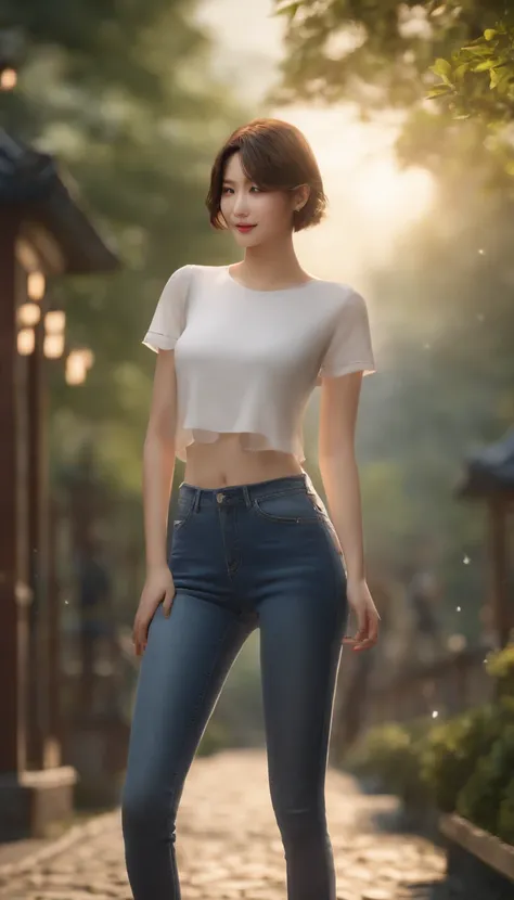 best quality, masterpiece,official art,extremely detailed CG unity 8k wallpaper, artbook, Campus, tall wutong tree, pure girl, short hair, bright smile, tight jeans, white short sleeves, slender straight thighs, small waist, no underwear, C cup, profle, so...