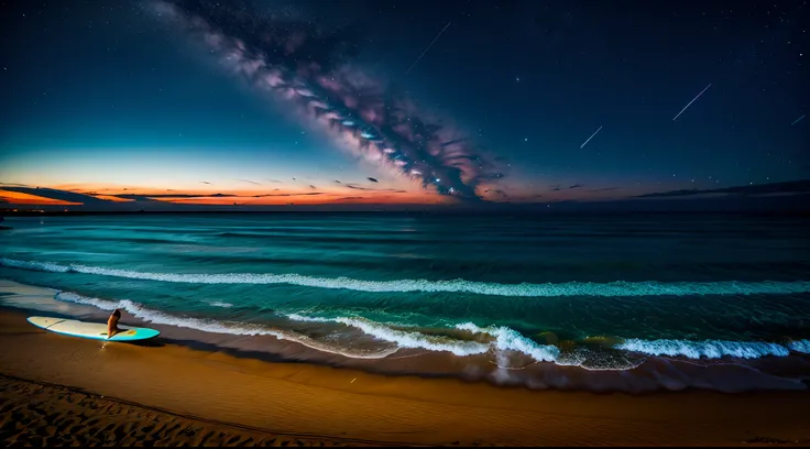 A surfboard on the beach at night with stars