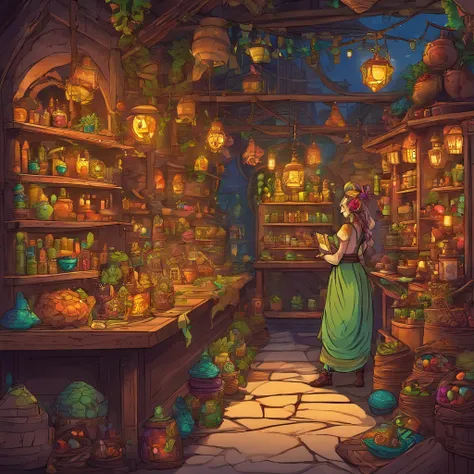 A cute female goblin merchant selling magical items in a bustling marketplace. She has a mischievous smile and sparkling eyes. Her green skin is adorned with colorful tattoos, and she wears a vibrant and intricately designed robe made of enchanted fabric. ...