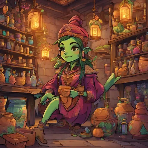 A cute female goblin merchant selling magical items in a bustling marketplace. She has a mischievous smile and sparkling eyes. Her green skin is adorned with colorful tattoos, and she wears a vibrant and intricately designed robe made of enchanted fabric. ...