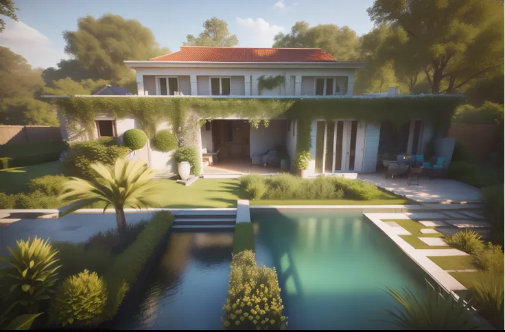 There is a 3D image of a house with a garden and people, Realistic concept, archviz, architectural render, concept house, highly detailed render, highly detailed 3d render, highly detailed 3d render, lumion rendering, enscape render, realistic establishing...