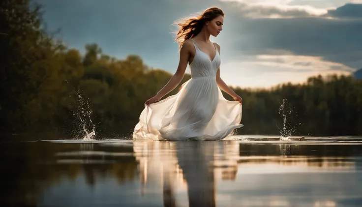 Girl Frolicking with Water, 独奏, Dressed in a white dress, lake, Elegant, artistic,  (Photorealsitic: 1.4), top-quality, ​masterpiece, ultra-detailliert, lighting like a movie