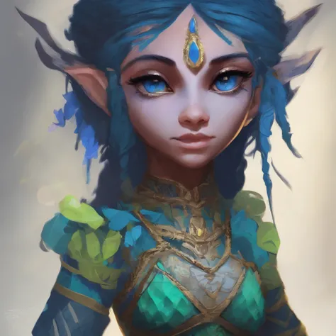 One small, female goblin with greenish yellow skin. Her eyes are gray blue, and she has straight, dark blue hair. She wears a hide style tribal outfit, befitting of a tribal alchemist. It consists of a tribal crop top and a tribal style long skirt with a s...