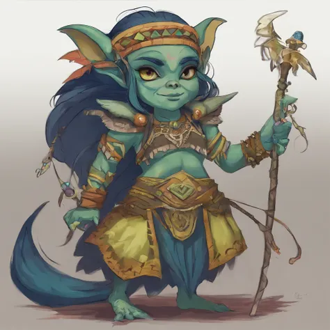 One small, female goblin with greenish yellow skin. Her eyes are gray blue, and she has straight, dark blue hair. She wears a hide style tribal outfit, befitting of a tribal alchemist. It consists of a tribal crop top and a tribal style long skirt with a s...